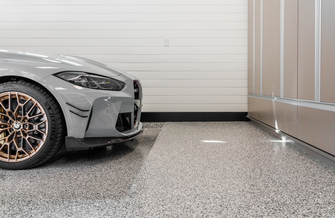 Decorative Garage Floor Flakes with a silver car